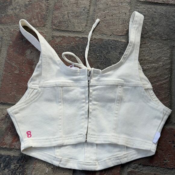 Pacsun Barbie Tie Front Bralette Crop Top Size XS White Embroidered Pink B NWT - Picture 5 of 7